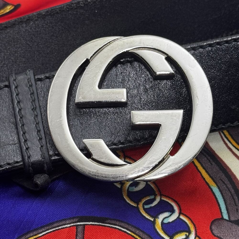 Gucci Interlocking GG Black Leather Belt Silver Buckle Size 36 -500